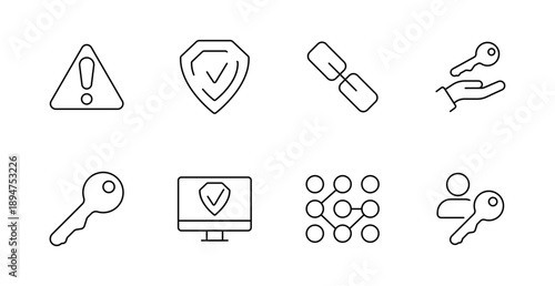 Security access set icon. Warning, shield, chain, hand, key, monitor, grid, user, caution, permission, protection, network, safety, digital control.