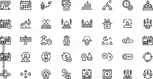 Islamic ramadan calendar and prayer timing icons set with mosque architecture, quran, lantern, and muslim religious schedule symbols in thin line style.