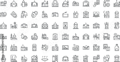 Islamic religious icons set with mosque architecture, ramadan kareem, eid mubarak elements, and traditional muslim culture symbols in thin line style.
