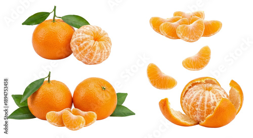 Fresh Mandarin Oranges, Whole and Peeled, with Leaves, Isolated on White