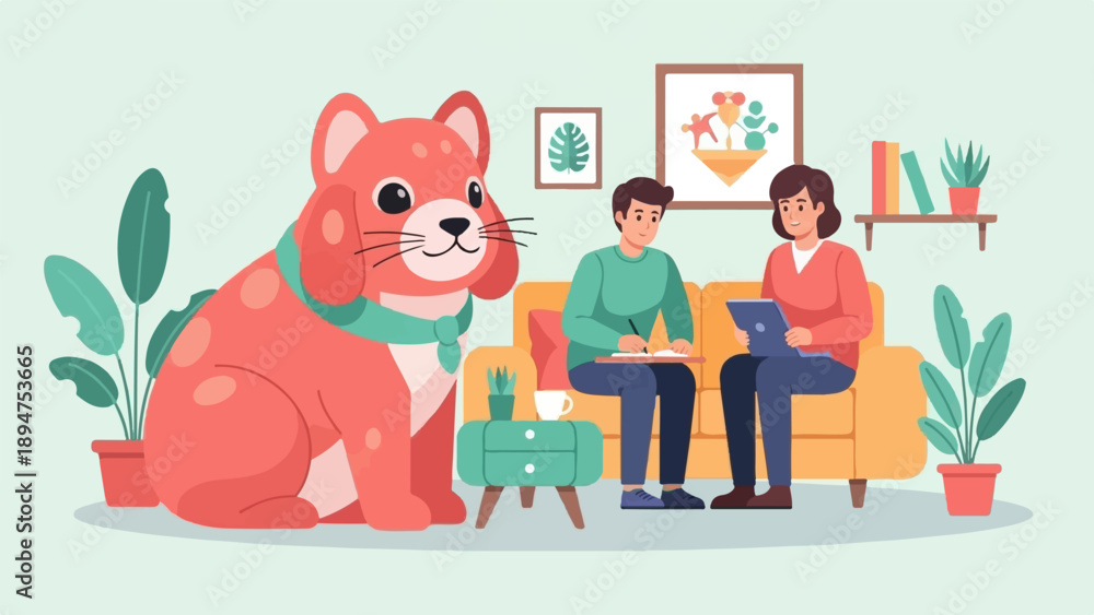 Fototapeta premium Flat illustration of a dog therapist with clients in a living room