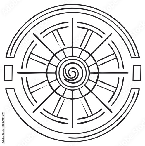 Circular Dharma Wheel Symbol Radial Design Abstract Line Art Meditation Zen Spiritual Graphic