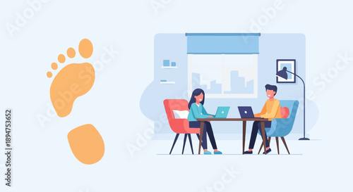 Flat illustration of two people working on laptops in a room and a footprint