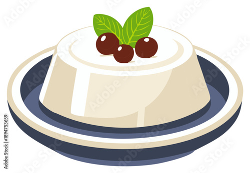 Panna Cotta Dessert Plate with Chocolate and Mint Illustration Style