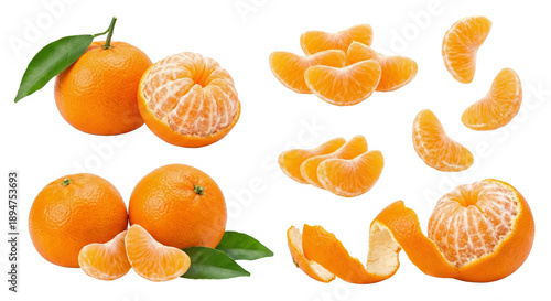 Fresh Clementine Oranges with Leaves, Peeled Segments and Zest
