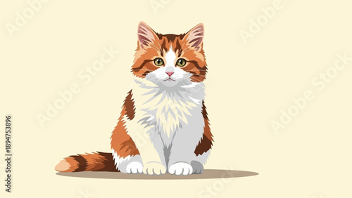 Fluffy calico cat with green eyes sits facing forward on light background