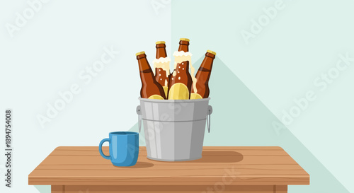 Four bottles of beer with frothy heads sit in an ice bucket