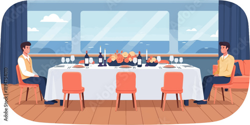 Formal dining with ocean view, two men seated at a table