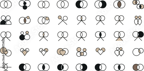 Abstract Venn Diagram and Connectivity Relationship Line Icon Set