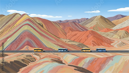 Four colorful buses travel along a road through vibrant, layered mountains