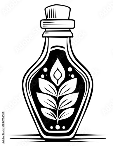 Fantasy Potion Bottle with Botanical Design and Cork Stopper Illustration