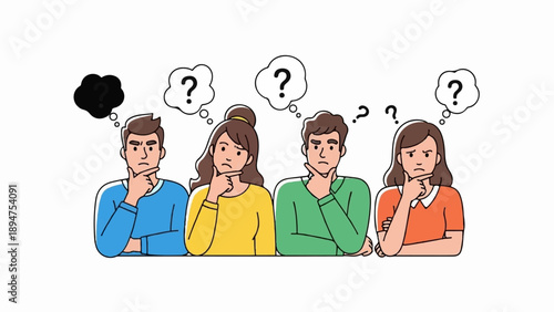 Four diverse individuals ponder with thought bubbles expressing inquiry and confusion