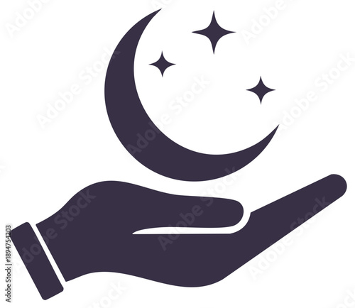 Hand holding crescent moon and stars symbol representing night or dreams