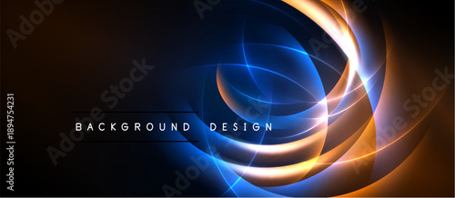 Abstract design features flowing lines, vibrant orange, blue hues. Dark background enhances luminosity, creating dynamic visual effect.