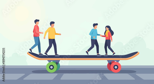 Four people balance on a large skateboard, a collaborative scene