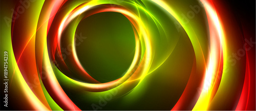 Abstract swirling lights create dynamic circular patterns. Vivid colors blend, forming energetic visual experience. Dark background emphasizes luminosity.