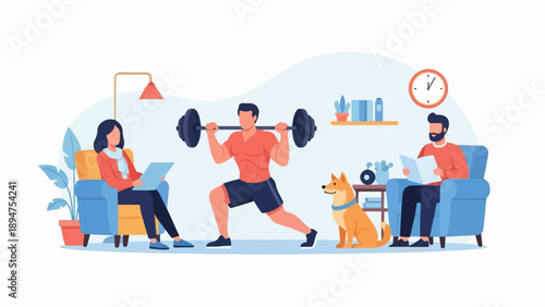 Flat illustration of people in a living room with a man lifting weights