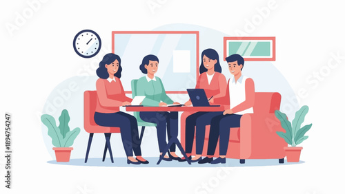 Four people collaborate around a table in a modern office setting