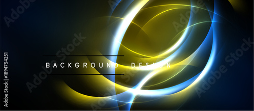 Abstract neon lights create dynamic circular shapes. Dark background emphasizes glowing yellow, blue elements. Modern design.