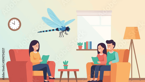Flat illustration of people in a living room with a dragonfly