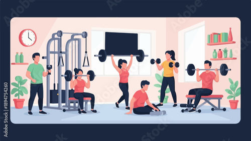 Flat illustration of people exercising with weights in a gym