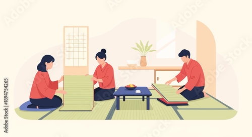 Flat illustration of people in traditional attire arranging tatami mats indoors