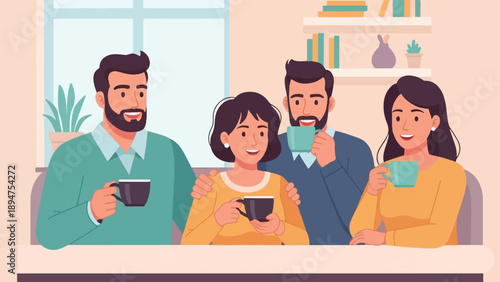 Four people enjoying beverages together at a table with shelves in background