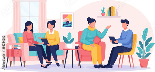 Four people gather in a cozy living room for a discussion