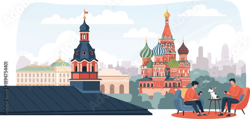 Flat illustration of two men and dog with iconic Russian buildings