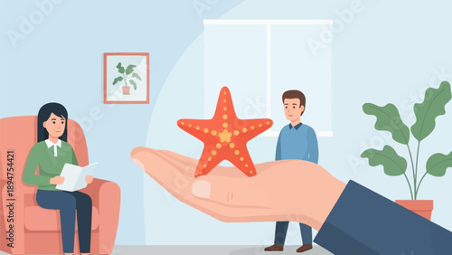Flat illustration of two people in a room with a hand holding a starfish