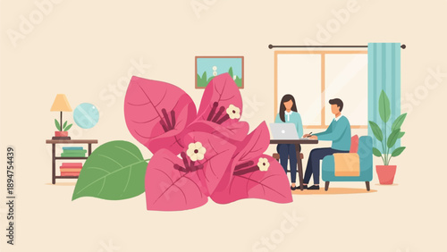 Flat illustration of two people working at a desk with flowers