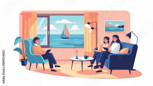 Four people relax indoors near a window overlooking a sailboat on the sea