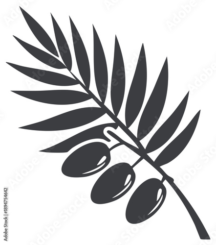 Dark silhouette of an olive branch with three olives and pointed leaves