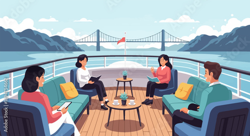 Four people relax on a ship deck, overlooking a bridge and mountains