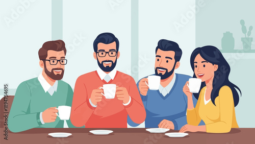 Four people, three men and one woman, enjoying coffee together