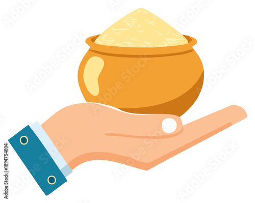 Hand Holding Pot of Rice Grains Offering Bounty Abundance Harvest Gift Food Donation Generosity