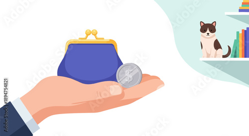 Hand holding coin and purse near a cat on a shelf with books