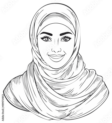 Smiling woman wearing a hijab headscarf. Portrait drawing. Black and white artwork.