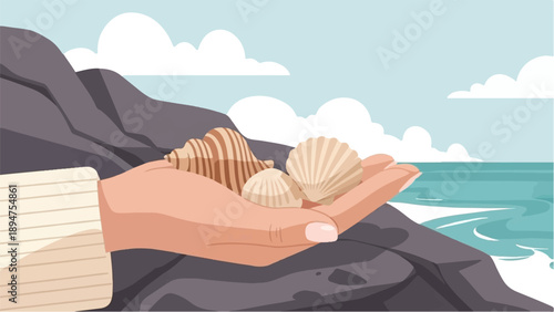 Hand holding seashells on rocky shore with ocean and clouds