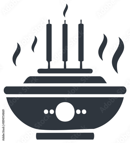 Traditional ritual offering bowl with three burning candles or incense sticks and smoke icon