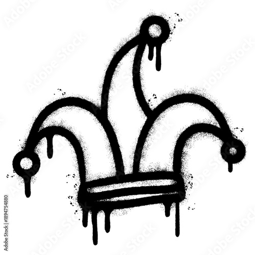 Spray painted jester hat graffiti icon with paint drips and splatters.