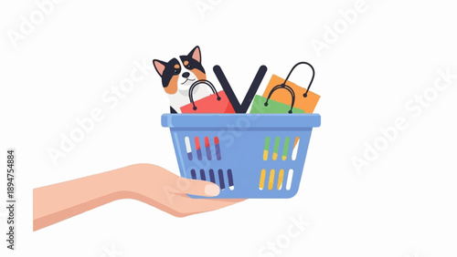 Hand holds basket with dog and colorful shopping bags