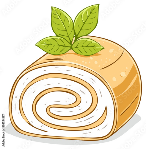 Sponge Cake Roll with Creamy Filling and Green Leaf Garnish Sweet Pastry Dessert Food