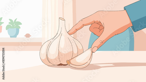 Hand peeling a garlic clove from a bulb on a table