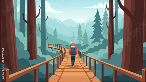 Fox character walks on a wooden boardwalk through a misty forest