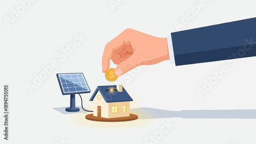 Hand places coin into house slot near solar panel