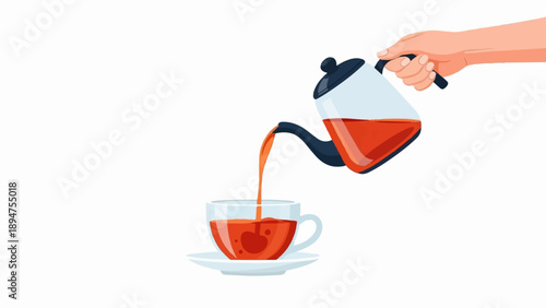 Hand pouring amber beverage from pitcher into clear cup and saucer