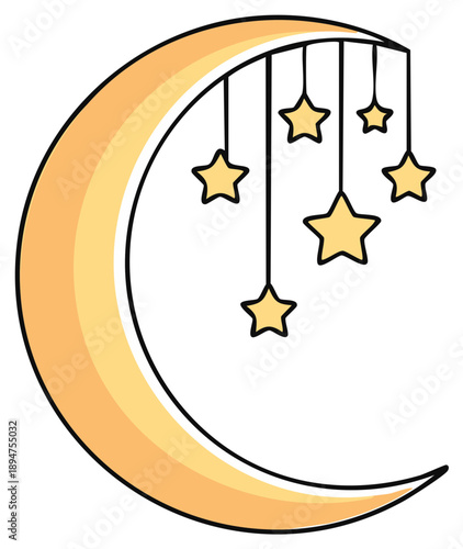 Whimsical cartoon crescent moon with hanging stars, celestial nursery decoration