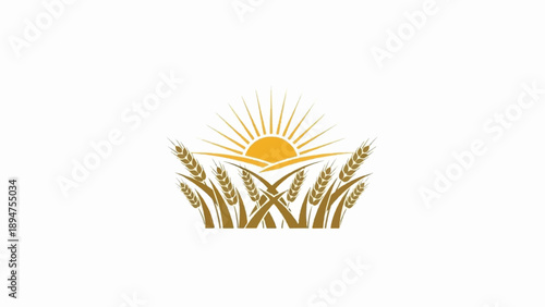 Golden wheat stalks rise towards a radiant sun in a stylized landscape