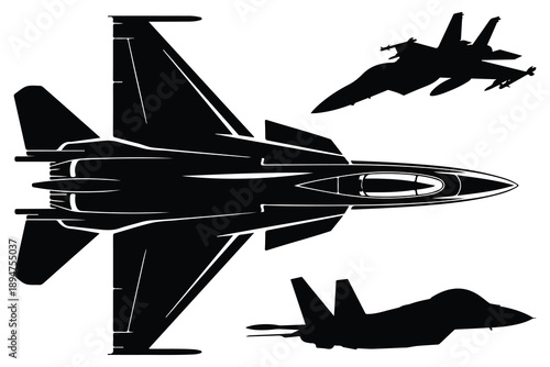 Black fighter jet silhouette with four different views